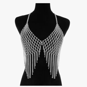Women’s Silver tone Rhinestone Bra Halter Top Body Jewellery One Size